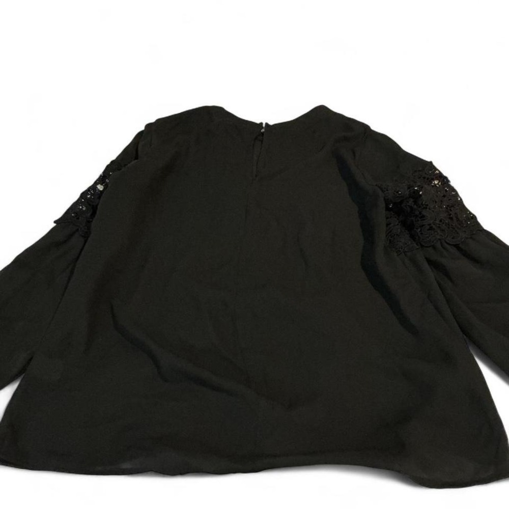 Black Lace Trim Peplum Blouse Medium Long Sleeve Keyhole - Picture 7 of 8